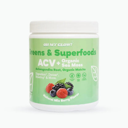 Oh My Glow! Super Greens Powder - ACV Organic Sea Moss Ashwagandha Root Organic Matcha - Digestion* Detox* Bloating* & More Berry