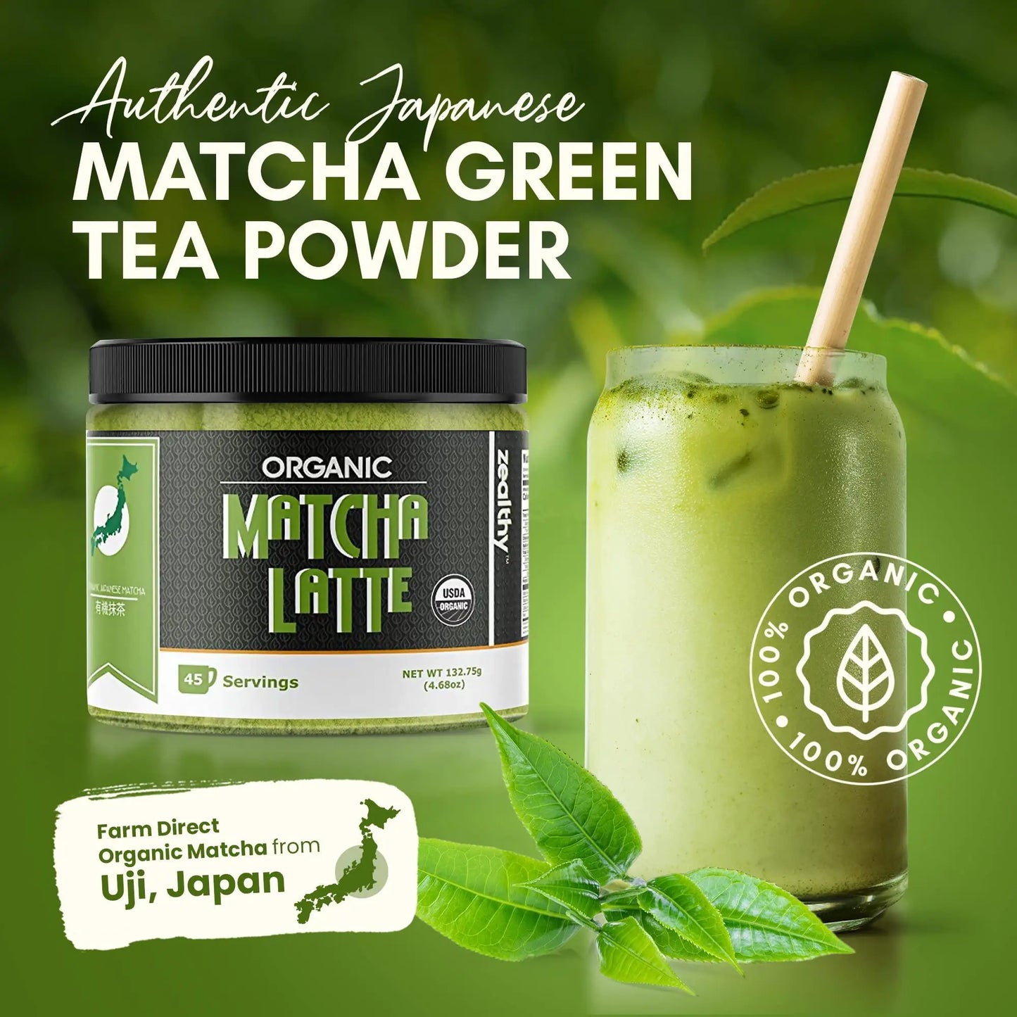 Organic Matcha Latte Pure Japanese Tea Blend with Ashwagandha Vanilla 4.68 oz