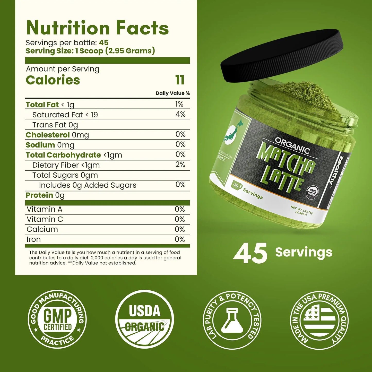 Organic Matcha Latte Pure Japanese Tea Blend with Ashwagandha Vanilla 4.68 oz