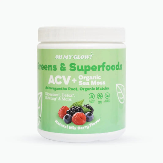 Oh My Glow! Super Greens Powder - ACV Organic Sea Moss Ashwagandha Root Organic Matcha - Digestion* Detox* Bloating* & More Berry